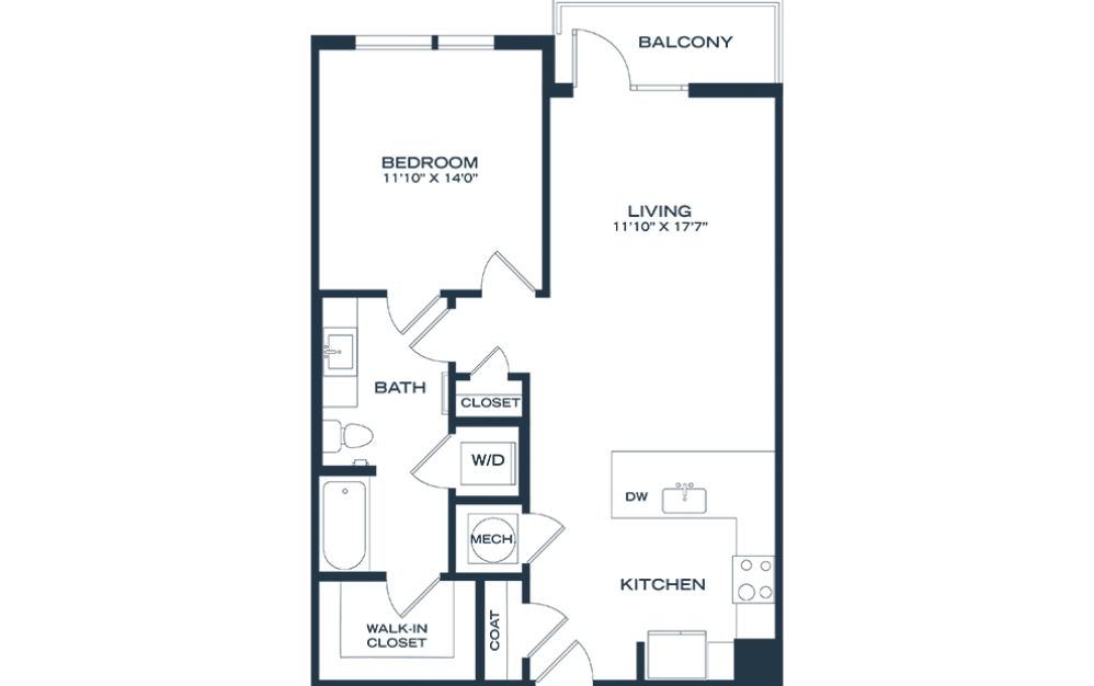 A6 - 1 bedroom floorplan layout with 1 bath and 811 to 822 square feet. (2D)